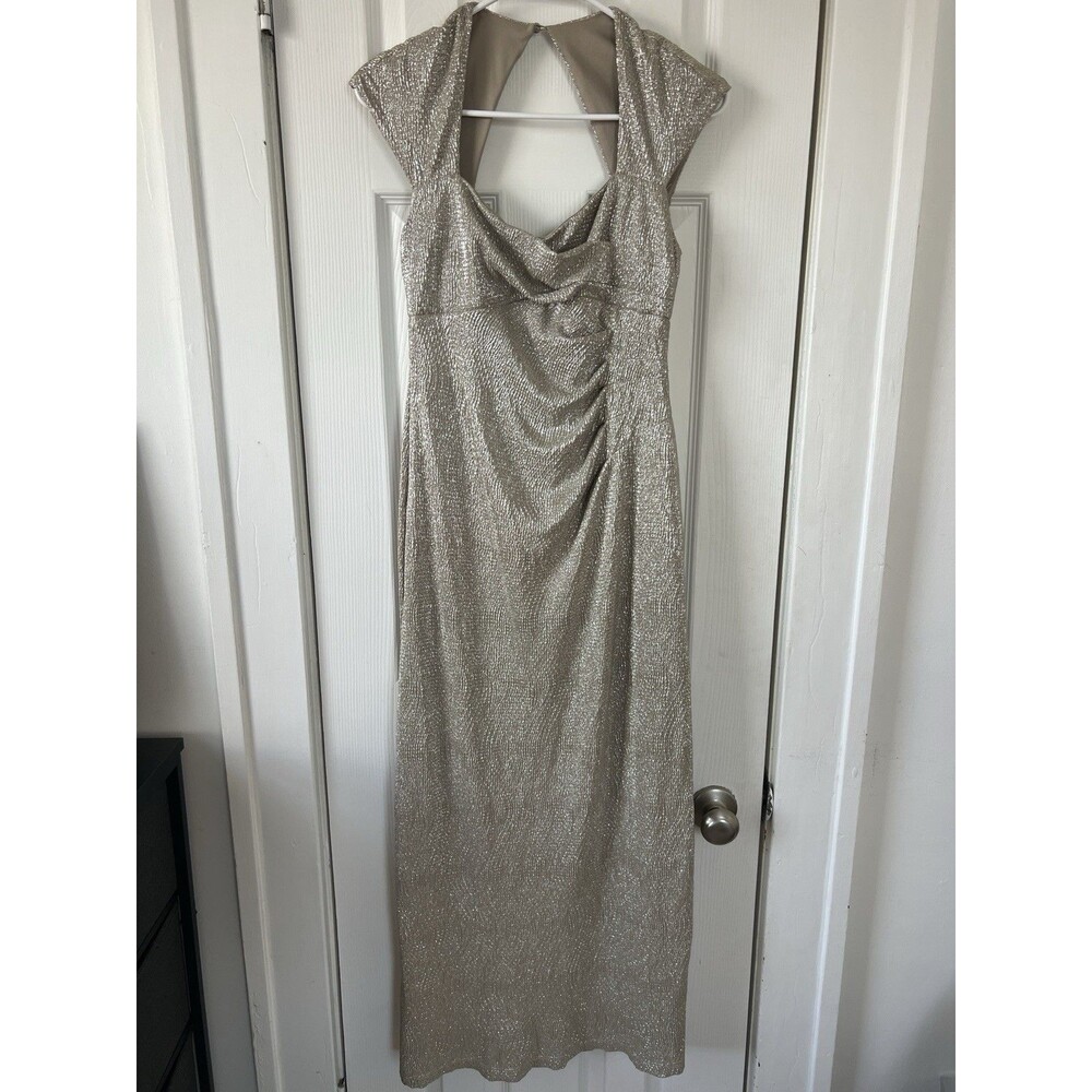 Lauren Ralph Lauren Gold Metallic Ruched Evening Gown Keyhole Back Sz 2 Petite